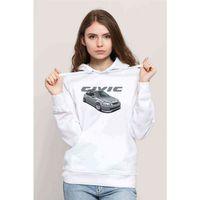 Araba Civic Baskılı Beyaz Kadın Kapşonlu Sweatshirt