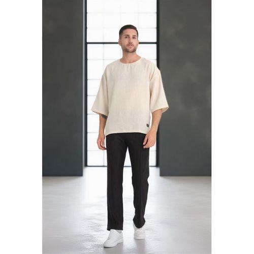 Bisiklet Yaka Fakir Kol Oversize Kısa Kol T-shirt - Bej