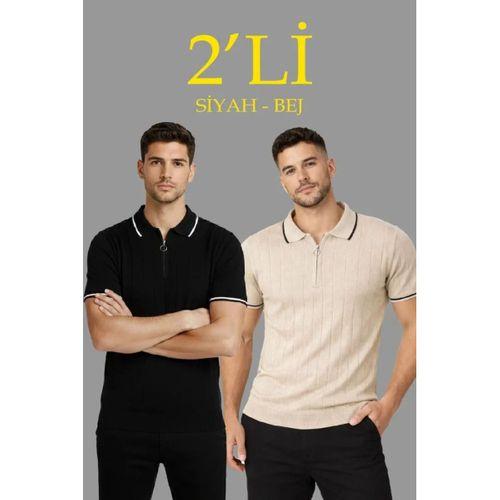 Erkek 2’li Paket Dokuma Triko  Fermuarlı Yakalı Fitilli Kısa Kollu Regular Fit Tişört - Bej - Siyah