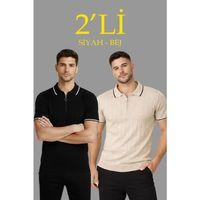 Erkek 2’li Paket Dokuma Triko  Fermuarlı Yakalı Fitilli Kısa Kollu Regular Fit Tişört - Bej - Siyah