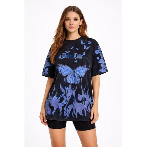 Asit Yıkamalı Oversize Tişört Mavi Kelebek Baskılı Dijital Print Bisiklet Yaka Streetwear T-Shirt - Siyah