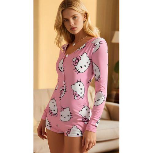Pink Cat Dream Pamuklu Pembe Kedi Desenli Düğmeli Uzun Kol Tulum Pijama