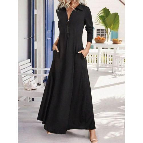Kadın Uzun Kollu Yakalı önden Fermuarlı Uzun Viskon Iki Iplik Elbise