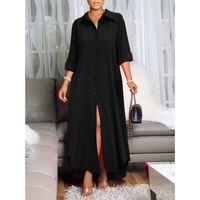 Lucky Life Kadın Uzun Kollu Yakalı önden Düğmeli Uzun Dokuma Elbise