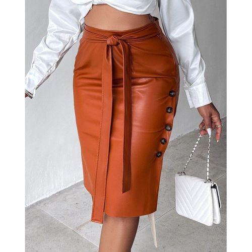 Kadın Yüksek Bel Kuşaklı Yanlardan Düğmeli Mini Deri Etek