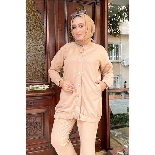Çıtçıtlı Yandan Cepli İkili Sade Basic Eşofman Spor Takımı - 12009.026 - Bej