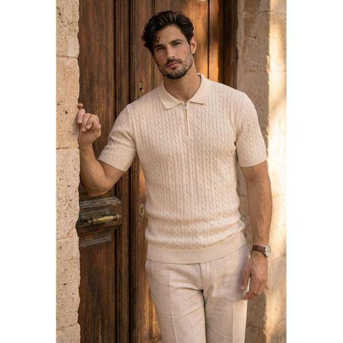 Burke Saç Örgü Yarım Fermuarlı Kısa Kollu İnce Triko Erkek T-Shirt - Bej