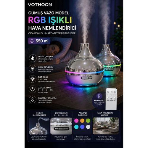 Gümüş Vazo Model Rgb Işıklı Hava Nemlendirici & Aromaterapi Difüzör – 550 Ml Kumandalı