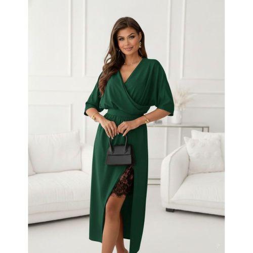 Kadın Uzun Kollu Kruvaze Yakalı Yandan Dantelli Midi Ithal Krep Elbise