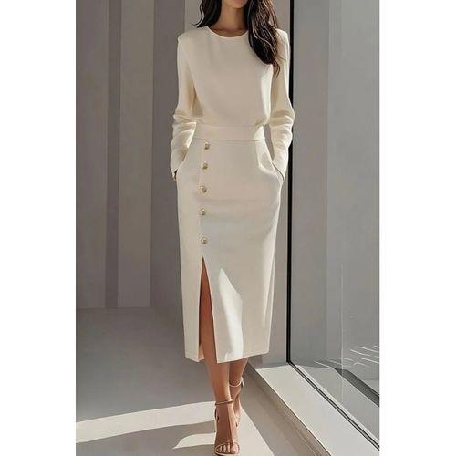 Kadın Uzun Kollu Bisiklet Yakalı Yandan Yırtmaçlı Düğmeli Midi Ithal Krep Elbise