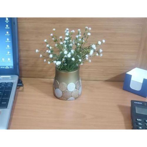 2 Adet Vazo Dahil,Vazoda Çiçek,Beyaz Yapay Çiçek,Vazo Dekoratif Altın Puanlı Poliresin 9X9X15Cm