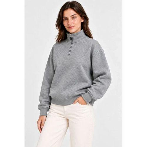 Üç İplik İçi Şardonlu Dik Yaka Yarım Fermuarlı Kışlık Sweatshirt - Grİ
