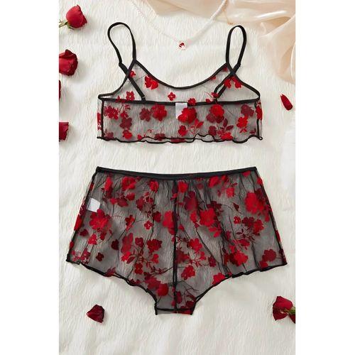 Çiçek Desenli Siyah Transparan Şortlu Gecelik