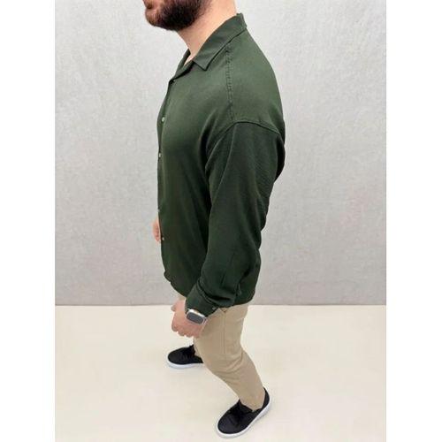 Erkek Aerobin Kumaş Oversize 4 Mevsim Uzun Kollu Rahat Kalıp Gömlek - Haki