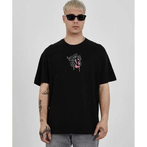Unisex Bisiklet Yaka Baskılı Oversize T-Shirt - Siyah
