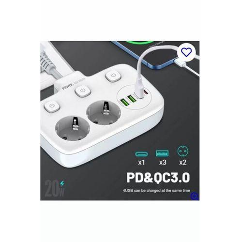Akım Korumalı 2’li Ayrı Anahtarlı Priz, 2x Priz, 3x Usb, 1x Type-c, 2 Mt Kablo, Hızlı Şarj