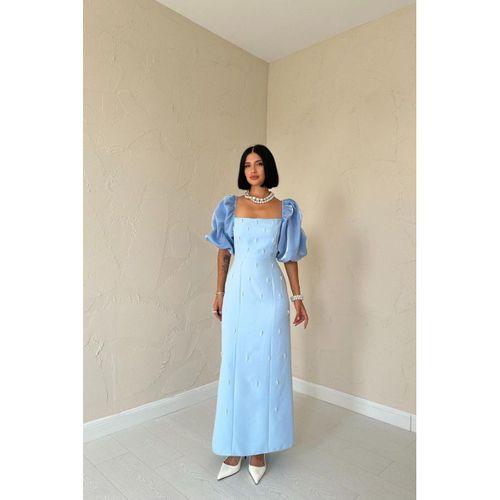 Bebe Mavi İşlemeli Kolu Garnili Elbise