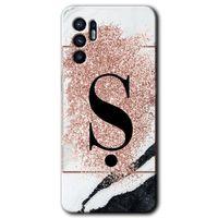 Oppo Reno 6 Kılıf HD Desen Baskılı Arka Kapak + Temperli Cam - Pembe Mermer Desenli Ş Harfi