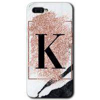 Oppo Rx 17 Neo Kılıf HD Desen Baskılı Arka Kapak + Temperli Cam - Pembe Mermer Desenli K Harfi