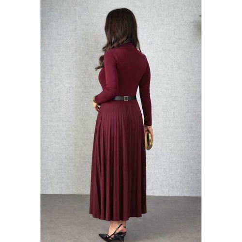 Kadın Uzun Kollu Balıkçı Yaka Kemersiz Pileli Uzun Sandy Elbise