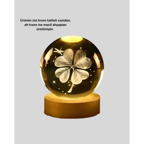 Bitki Temalı Led Işıklı Cam Küre Ahşap Standlı Modern Gece Lambası