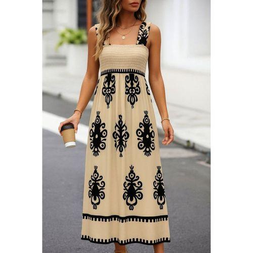 Kadın Askılı Kare Yaka Gipe Detaylı Desenli Suprem Elbise