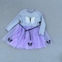5-6-7 Yaş Taşlı Kelebek Desenli Kurdela Kuşaklı Astarlı Kız Çocuk Tütü Elbise Lila