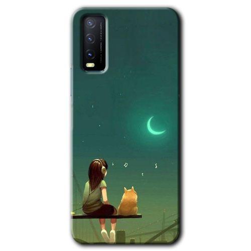 Vivo Y20s Kılıf HD Desen Baskılı Arka Kapak - Kedili Kız + Kırılmaz Cam