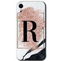 MRCİLETİSİM iPhone XR Kılıf HD Desen Baskılı Arka Kapak + Mat Kobra Cam - Pembe Mermer Desenli R Harfi