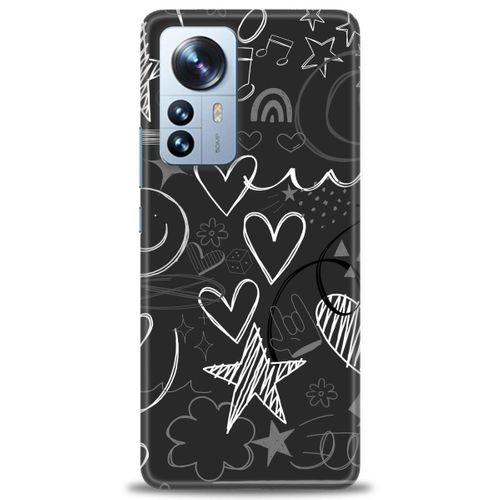 Xiaomi Poco X5 Pro Kılıf HD Baskılı Kılıf - Siyah Kalp ve Notalar + Tam Ekran Koruyucu