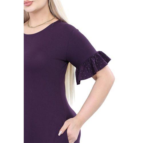 Melsay Butik Kolları Taş Baskılı Fırfırlı Kısa Kollu Mor Kadın Midi Elbise