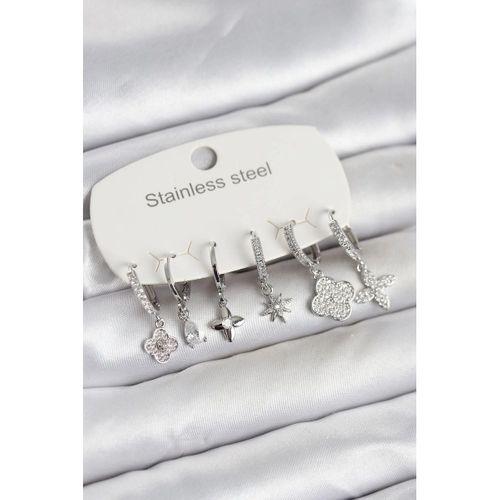 316L Çelik Gümüş Renk 6'lı Set Yonca Model Kadın Küpe