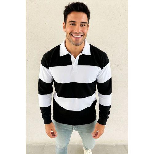 Erkek Polo Yaka Uzun Kollu Çizgili Sweatshirt Trend Rugby Stil - Siyah
