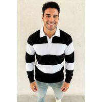 Erkek Polo Yaka Uzun Kollu Çizgili Sweatshirt Trend Rugby Stil - Siyah