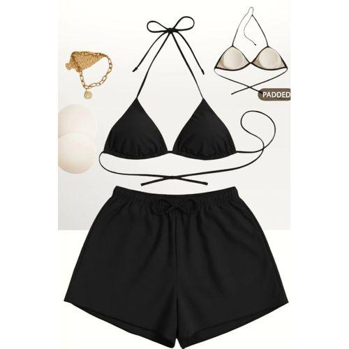 Siyah 3’lü Bikini Takımı Şortlu Yandan Bağlamalı Üçgen Üst Esnek Kadın Mayo