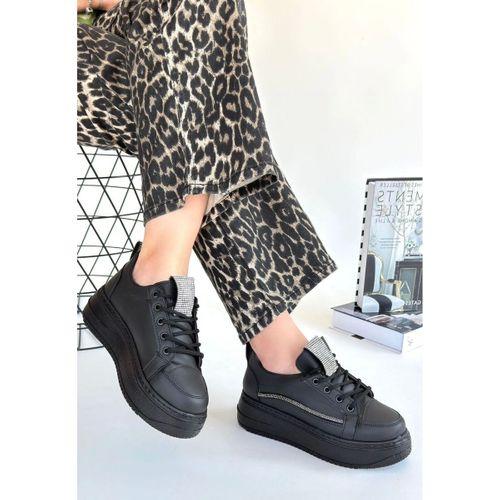 Leope Siyah Cilt Bağcıklı Spor Ayakkabı