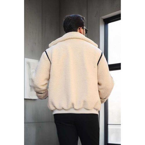 İçi Astarlı Şerit Detaylı Peluş Erkek Mont - Ekru