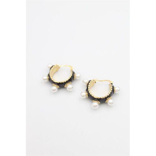 İncili Mineli Halka Küpe - Siyah