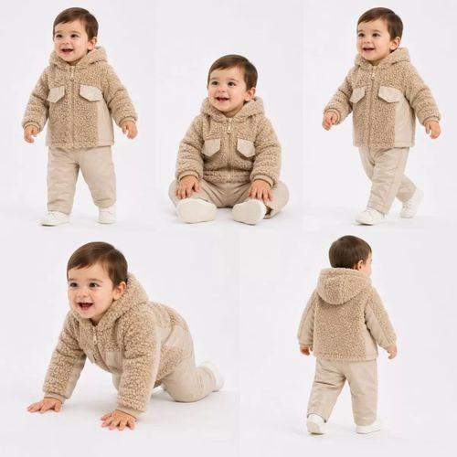 6/24 Ay Deri Detaylı Ceketli Kuzu Bebek Takımı