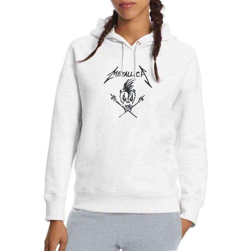 Metallica Baskılı Beyaz Kadın Kapşonlu Sweatshirt