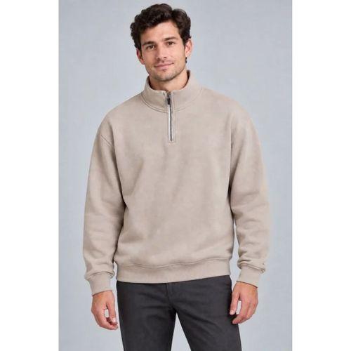 Erkek Üç İplik İçi Şardonlu Dik Yaka Yarım Fermuarlı Kışlık Sweatshirt - Bej