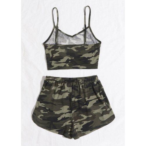 Kadın Kamuflaj Desenli Askılı Crop Top Ve Şortlu Gecelik Takım