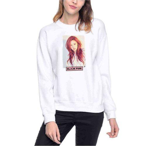 Black Pink Rose Baskılı Beyaz Kadın Sweatshirt