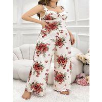 Büyük Beden Gül Desenli İnce Askılı Beyaz Salaş 2'li Takım