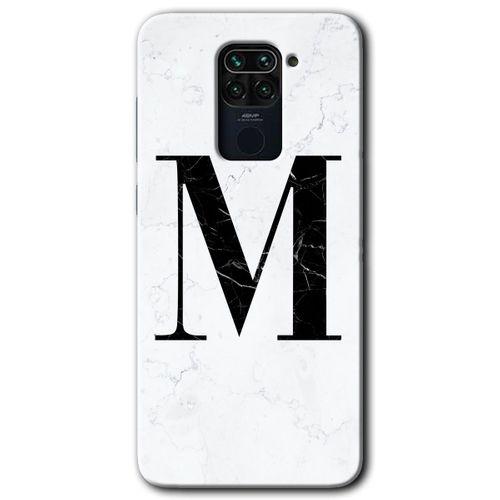 MRCİLETİSİM Xiaomi Redmi Note 9 Kılıf Baskılı Kapak - Beyaz Mermer Desenli M Harfi + 5D Tam Kaplayan Cam