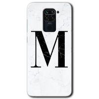 MRCİLETİSİM Xiaomi Redmi Note 9 Kılıf Baskılı Kapak - Beyaz Mermer Desenli M Harfi + 5D Tam Kaplayan Cam