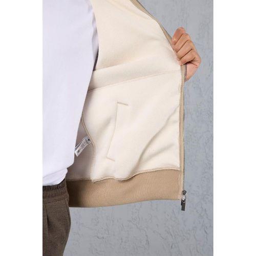 Ron Selanik Örme İçi Peluş Çift Fermuarlı Dik Yaka Erkek Hırka Sweatshirt  - Bej