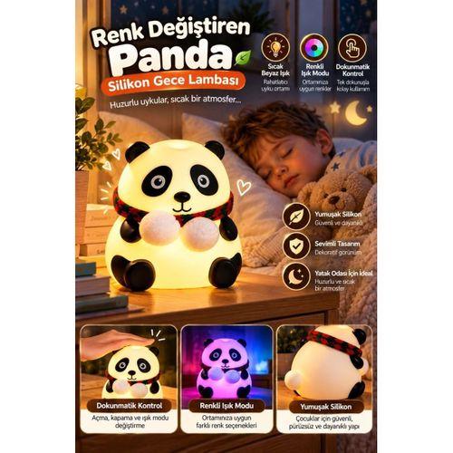 Renkli Işık Modlu Silikon Panda Gece Lambası Dokunmatik Kontrollü Sevimli Dekoratif