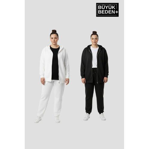Kadın Büyük Beden Fermuarlı Kapüşonlu 3 lü Set ince Sweatshirt Hırka - Rahat Kalıp SPR26BHRK960+2