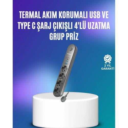 4’lü Çoklu Priz 2 Usb Type-c Girişli Akım Korumalı Siyah